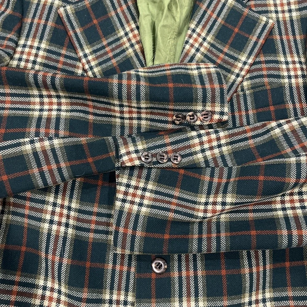 Vintage Cricketeer Blazer Sport Coat Mens 40R Green Orange Plaid Jacket 70s